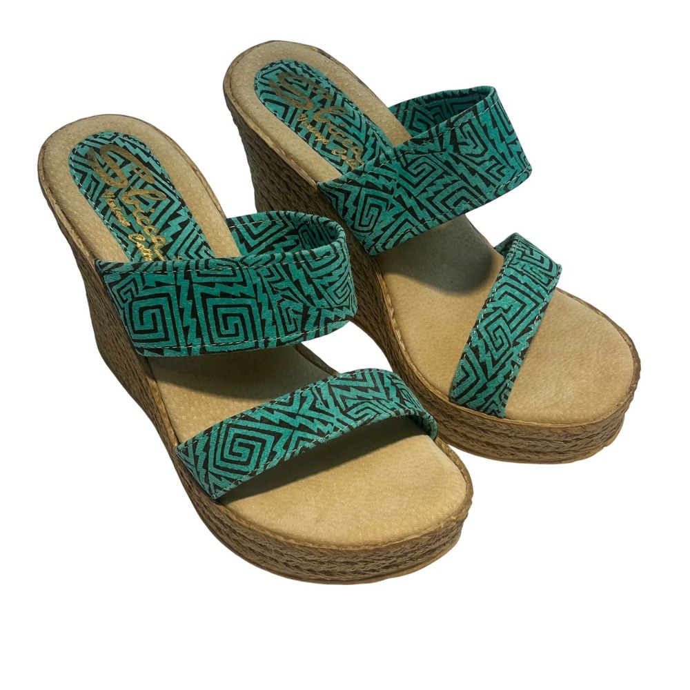 Sbicca Vintage Collection Kelli Turquoise Geometric Espadrille Wedge Sandals 9
